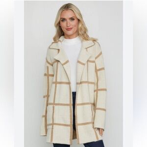 Thread & Supply Cream Open-Front Sweater Coat with Tan Windowpane